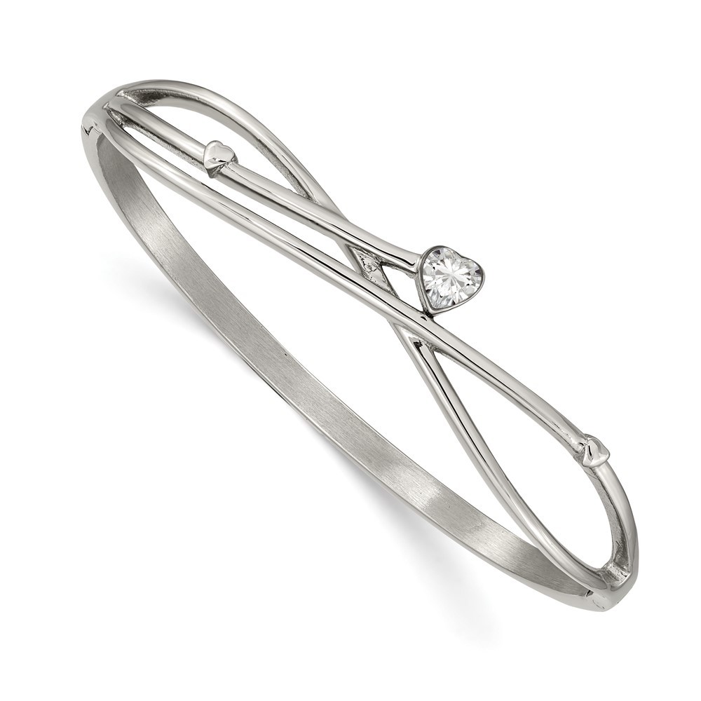 Chisel Stainless Steel Polished Heart CZ Hinged Bangle Bracelet